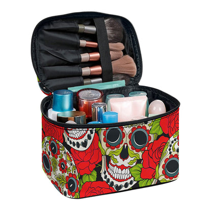 Rose Floral Sugar Skull Pattern Print Travel Makeup Bag