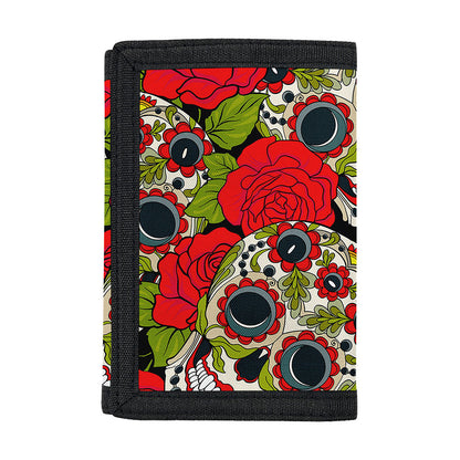 Rose Floral Sugar Skull Pattern Print Trifold Wallet