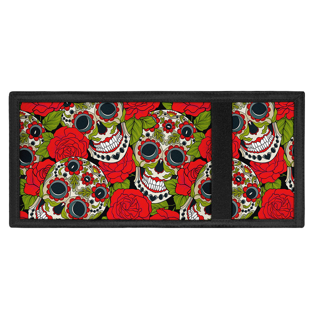 Rose Floral Sugar Skull Pattern Print Trifold Wallet