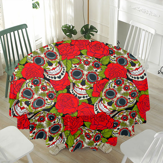 Rose Floral Sugar Skull Pattern Print Waterproof Round Tablecloth