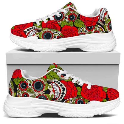 Rose Floral Sugar Skull Pattern Print White Chunky Shoes