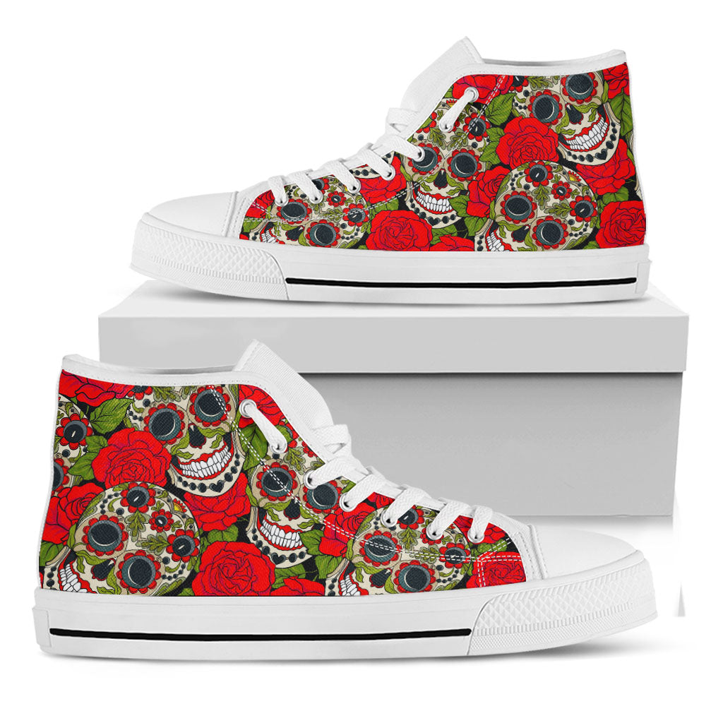 Rose Floral Sugar Skull Pattern Print White High Top Sneakers