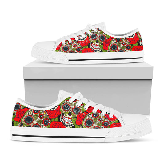 Rose Floral Sugar Skull Pattern Print White Low Top Sneakers