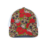 Rose Floral Sugar Skull Pattern Print White Mesh Trucker Cap