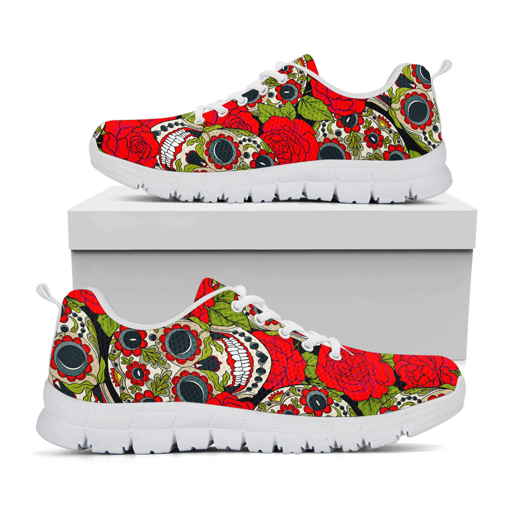 Rose Floral Sugar Skull Pattern Print White Running Shoes