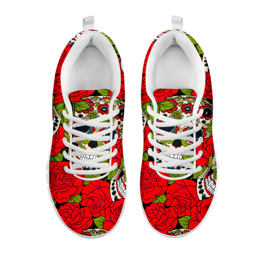 Rose Floral Sugar Skull Pattern Print White Running Shoes