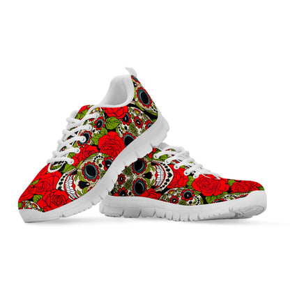 Rose Floral Sugar Skull Pattern Print White Running Shoes