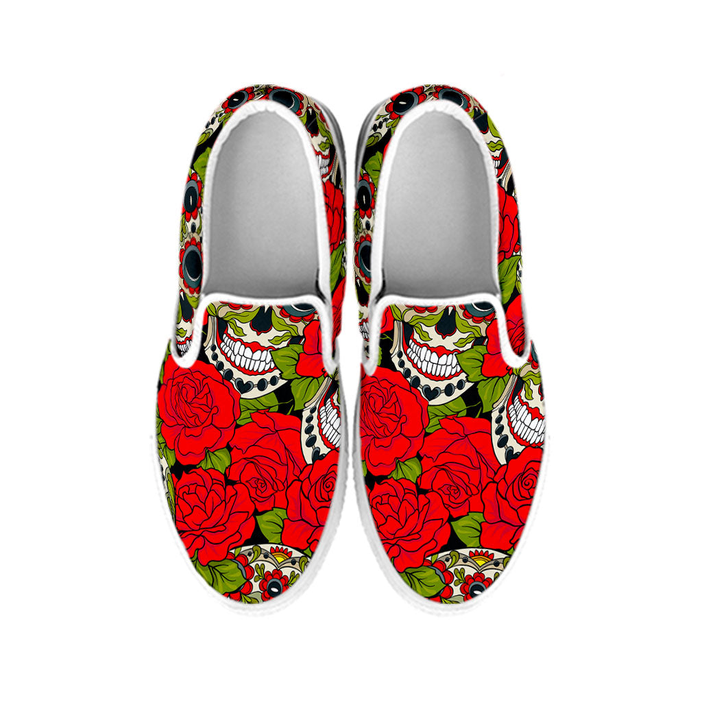 Rose Floral Sugar Skull Pattern Print White Slip On Sneakers