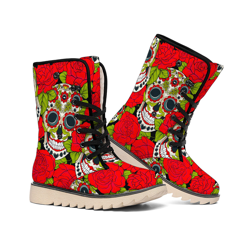 Rose Floral Sugar Skull Pattern Print Winter Boots