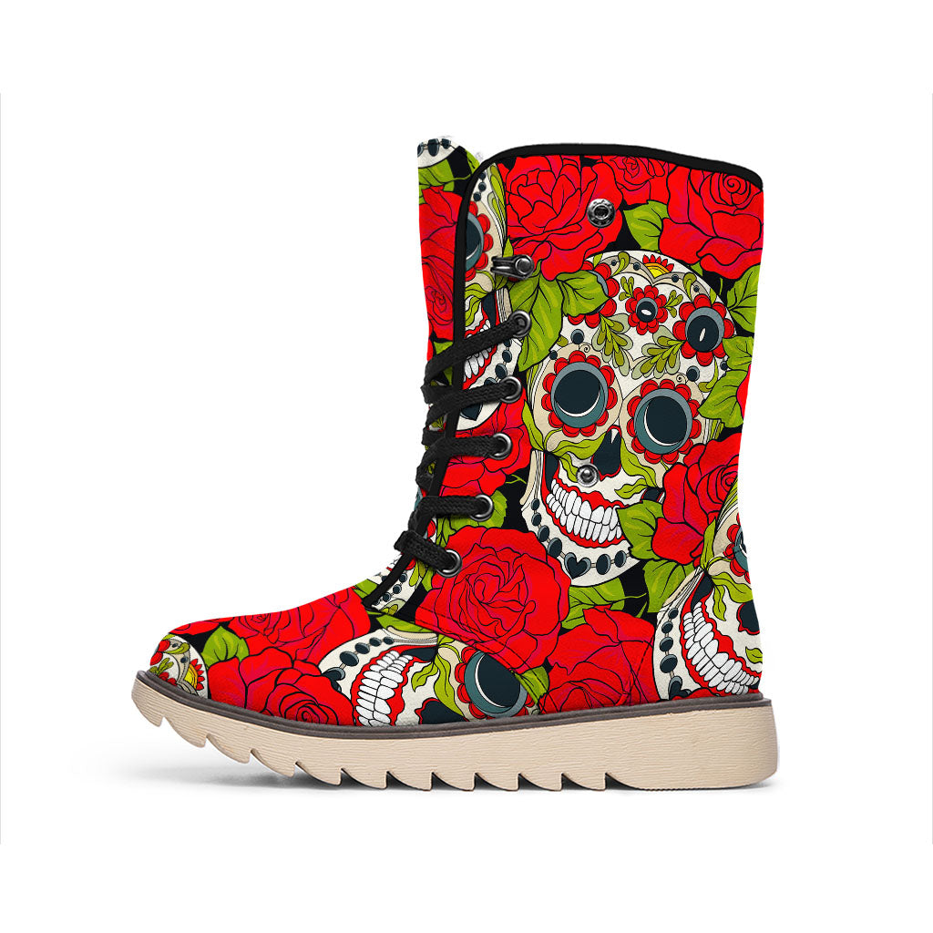 Rose Floral Sugar Skull Pattern Print Winter Boots