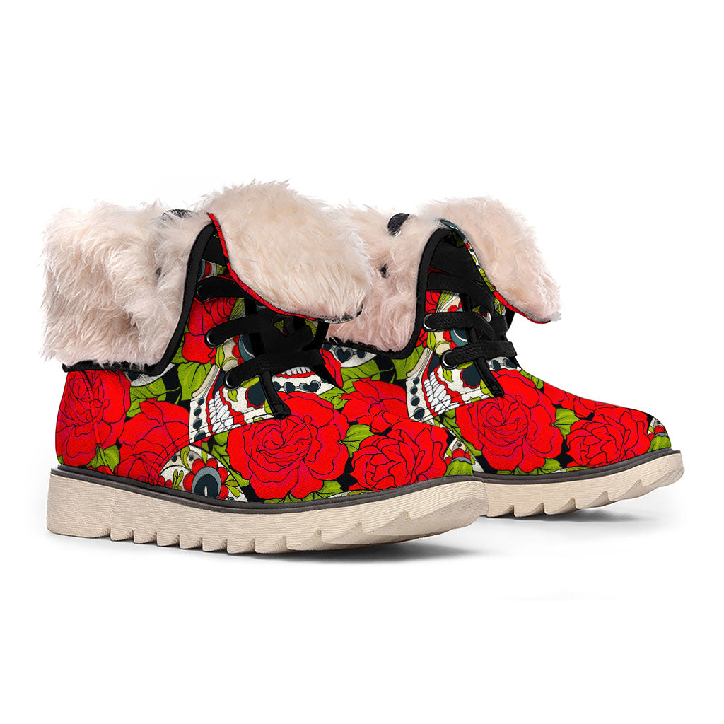 Rose Floral Sugar Skull Pattern Print Winter Boots