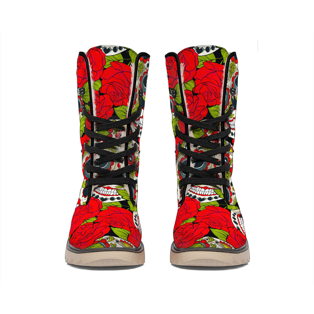 Rose Floral Sugar Skull Pattern Print Winter Boots