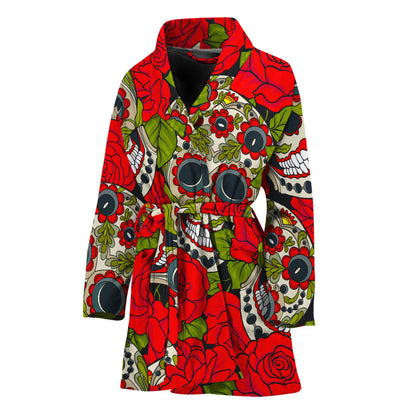 Rose Floral Sugar Skull Pattern Print Women's Bathrobe