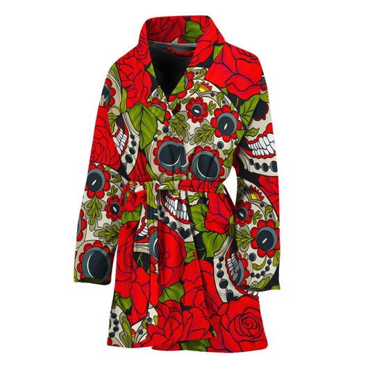 Rose Floral Sugar Skull Pattern Print Women's Bathrobe