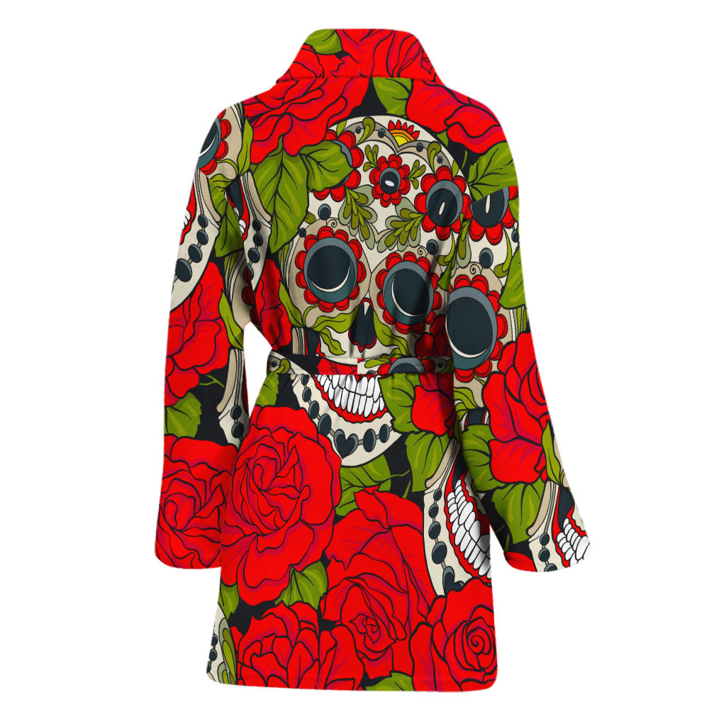 Rose Floral Sugar Skull Pattern Print Women's Bathrobe