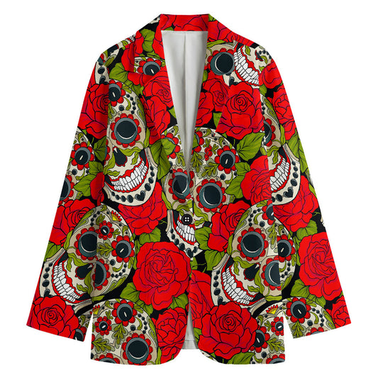 Rose Floral Sugar Skull Pattern Print Women's Blazer