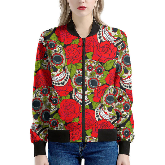 Rose Floral Sugar Skull Pattern Print Women's Bomber Jacket