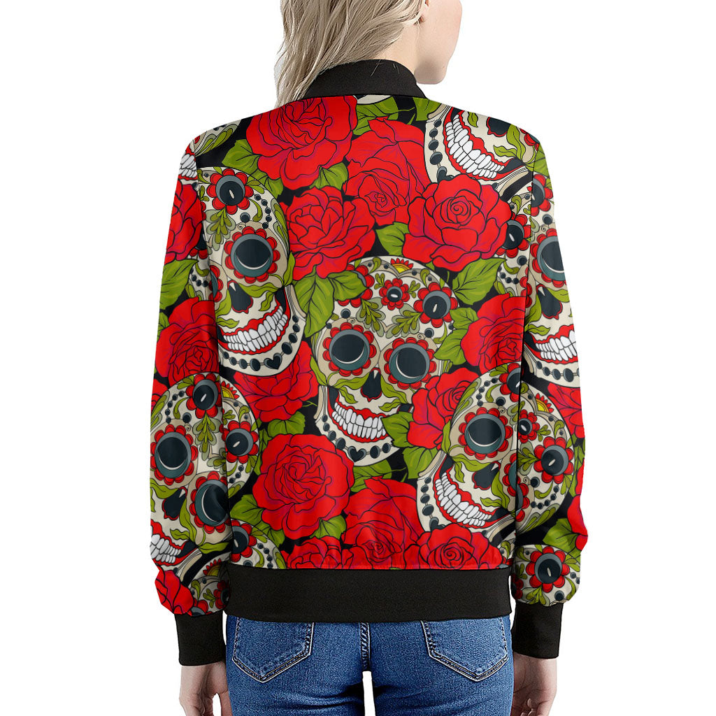 Rose Floral Sugar Skull Pattern Print Women's Bomber Jacket