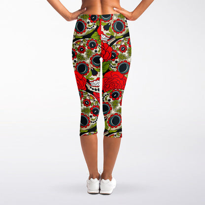Rose Floral Sugar Skull Pattern Print Women's Capri Leggings