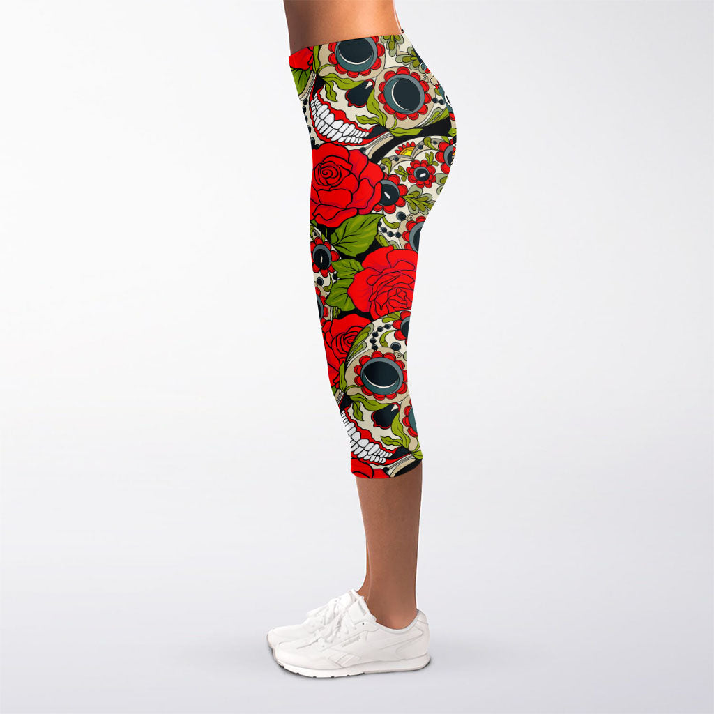 Rose Floral Sugar Skull Pattern Print Women's Capri Leggings
