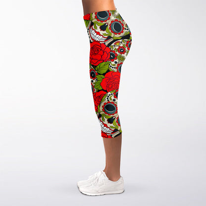 Rose Floral Sugar Skull Pattern Print Women's Capri Leggings
