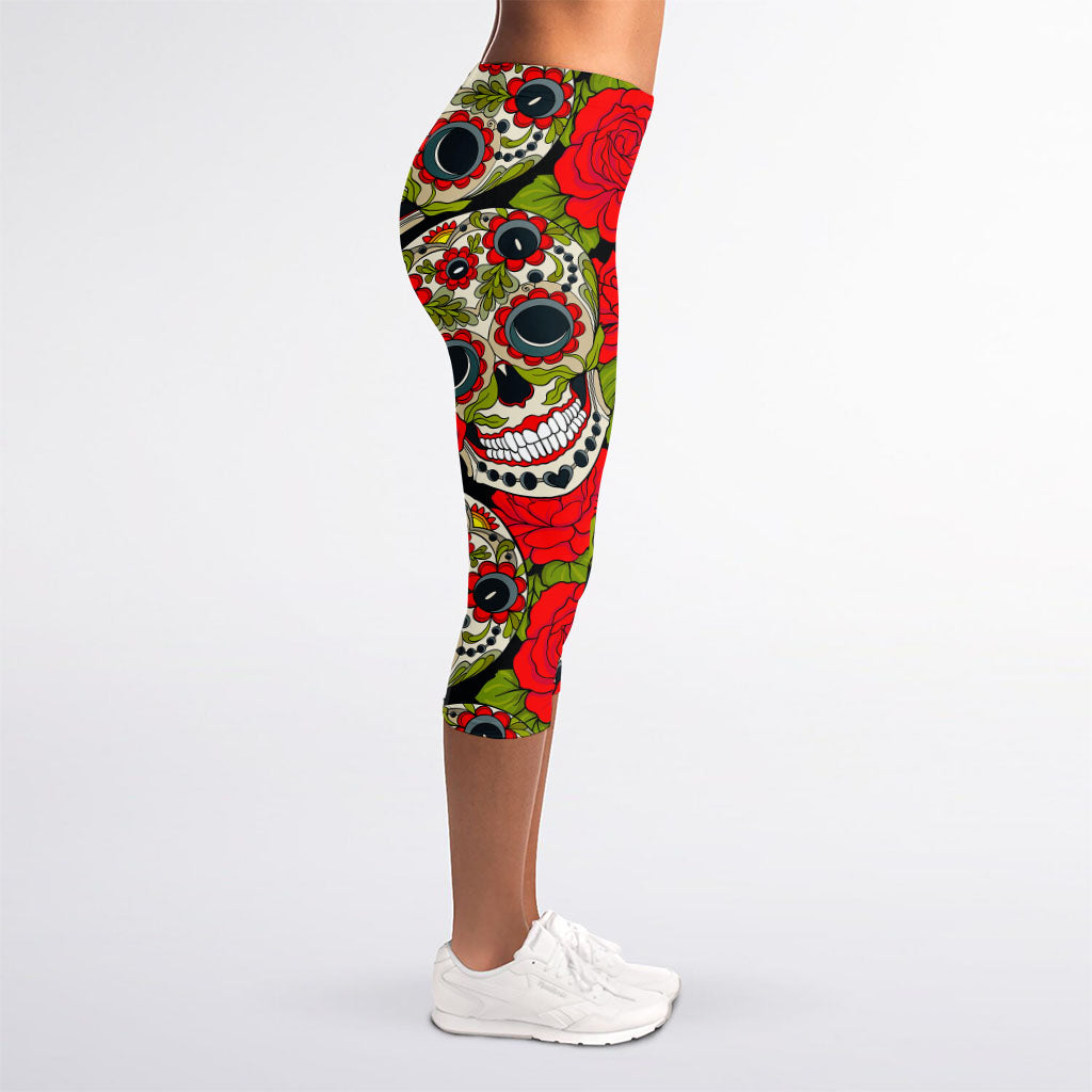 Rose Floral Sugar Skull Pattern Print Women's Capri Leggings