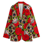 Rose Floral Sugar Skull Pattern Print Women's Cotton Blazer