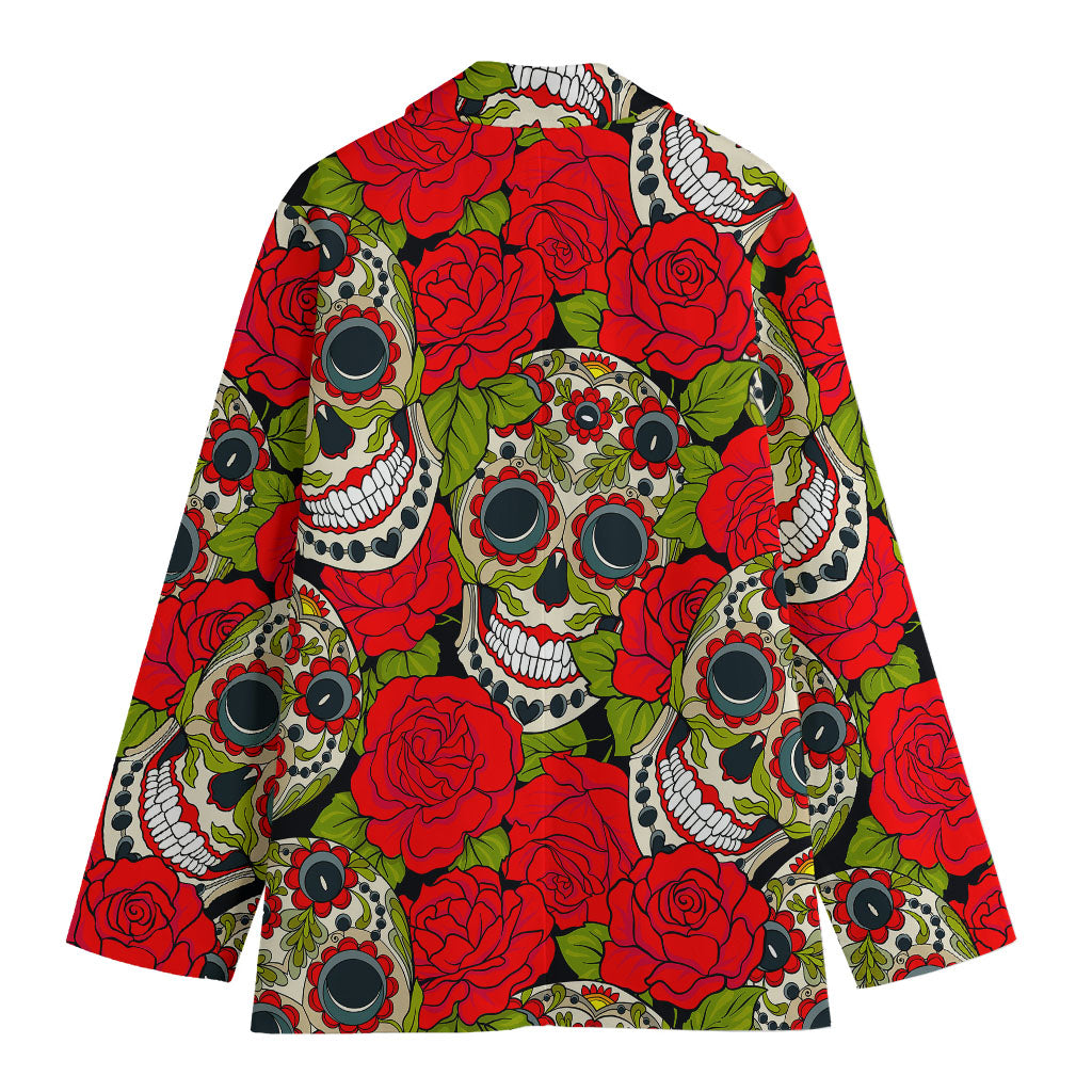 Rose Floral Sugar Skull Pattern Print Women's Cotton Blazer