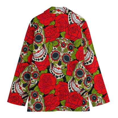 Rose Floral Sugar Skull Pattern Print Women's Cotton Blazer