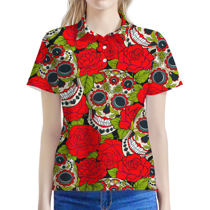 Rose Floral Sugar Skull Pattern Print Women's Polo Shirt