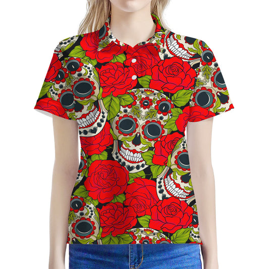 Rose Floral Sugar Skull Pattern Print Women's Polo Shirt