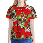 Rose Floral Sugar Skull Pattern Print Women's Polo Shirt