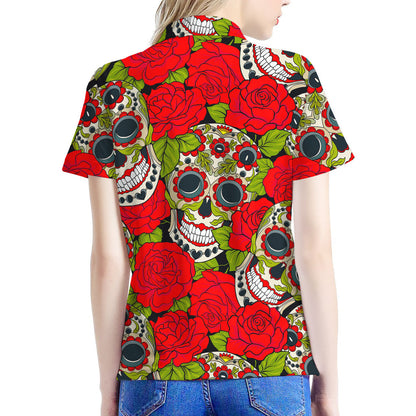 Rose Floral Sugar Skull Pattern Print Women's Polo Shirt