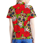 Rose Floral Sugar Skull Pattern Print Women's Polo Shirt