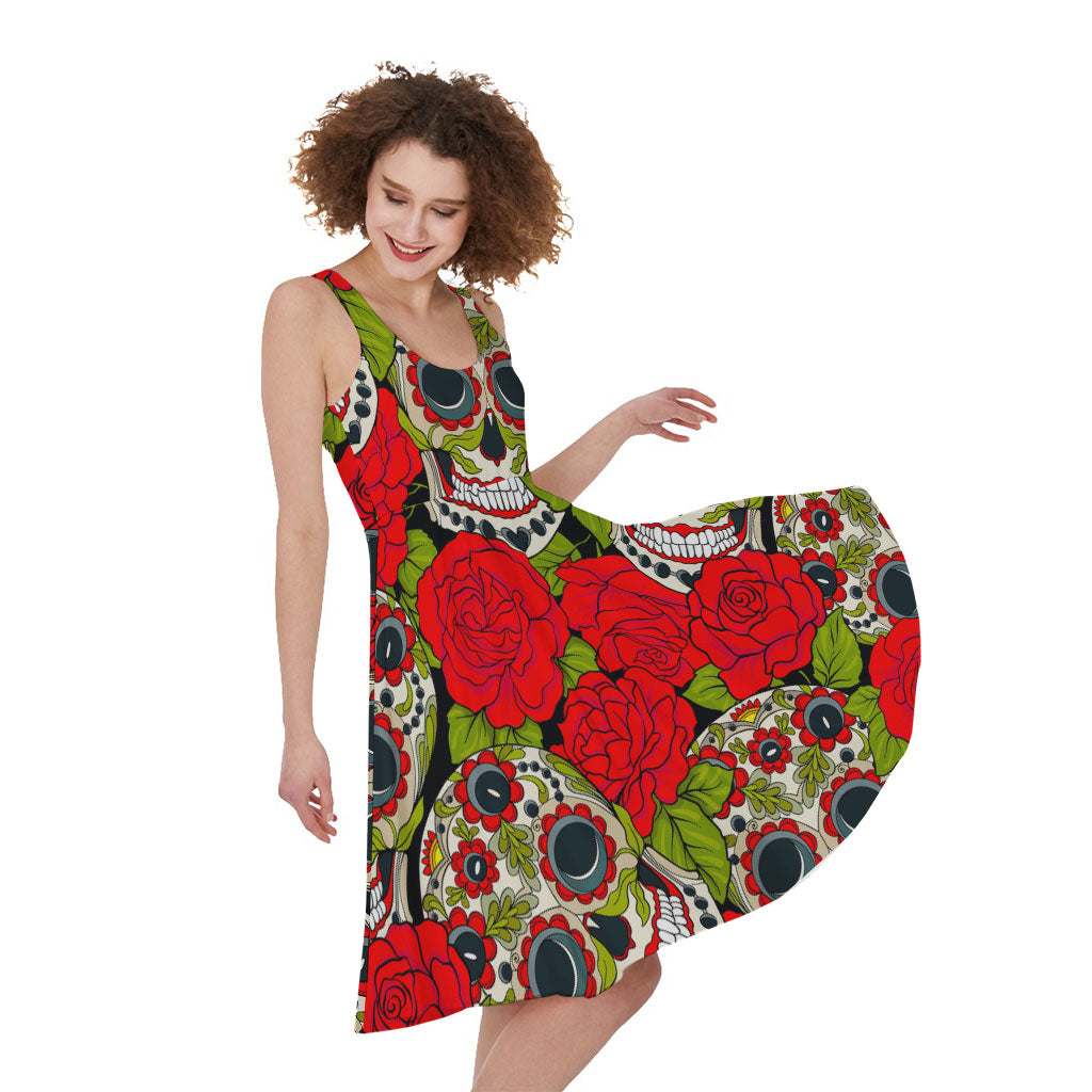Rose Floral Sugar Skull Pattern Print Women's Sleeveless Dress