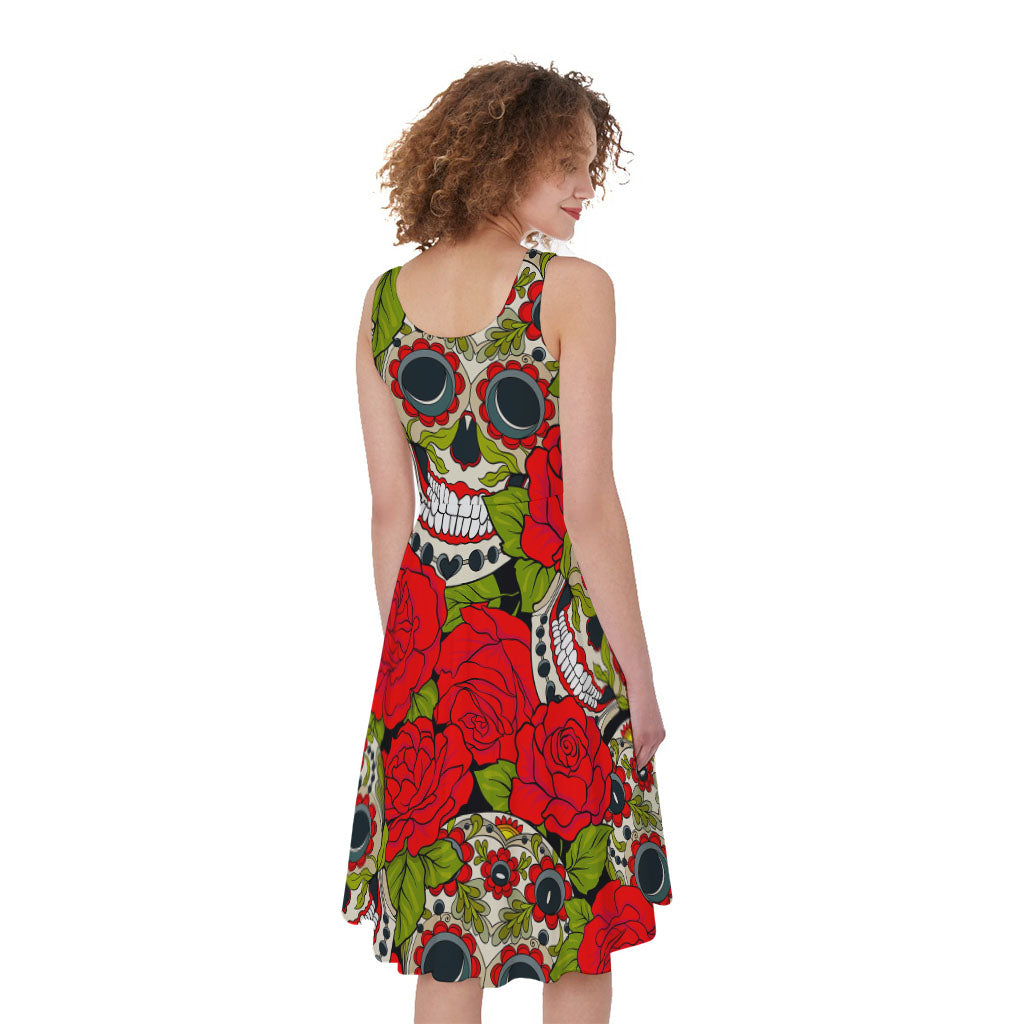 Rose Floral Sugar Skull Pattern Print Women's Sleeveless Dress