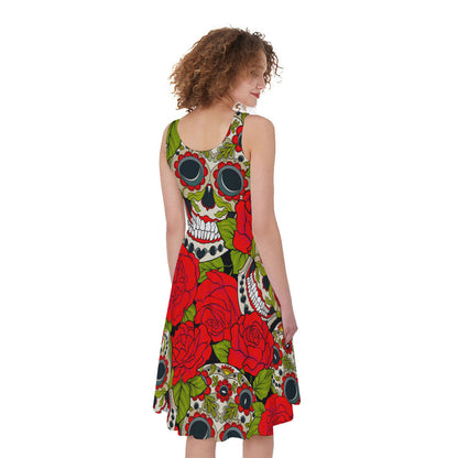Rose Floral Sugar Skull Pattern Print Women's Sleeveless Dress