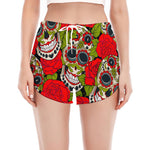 Rose Floral Sugar Skull Pattern Print Women's Split Running Shorts