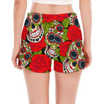 Rose Floral Sugar Skull Pattern Print Women's Split Running Shorts