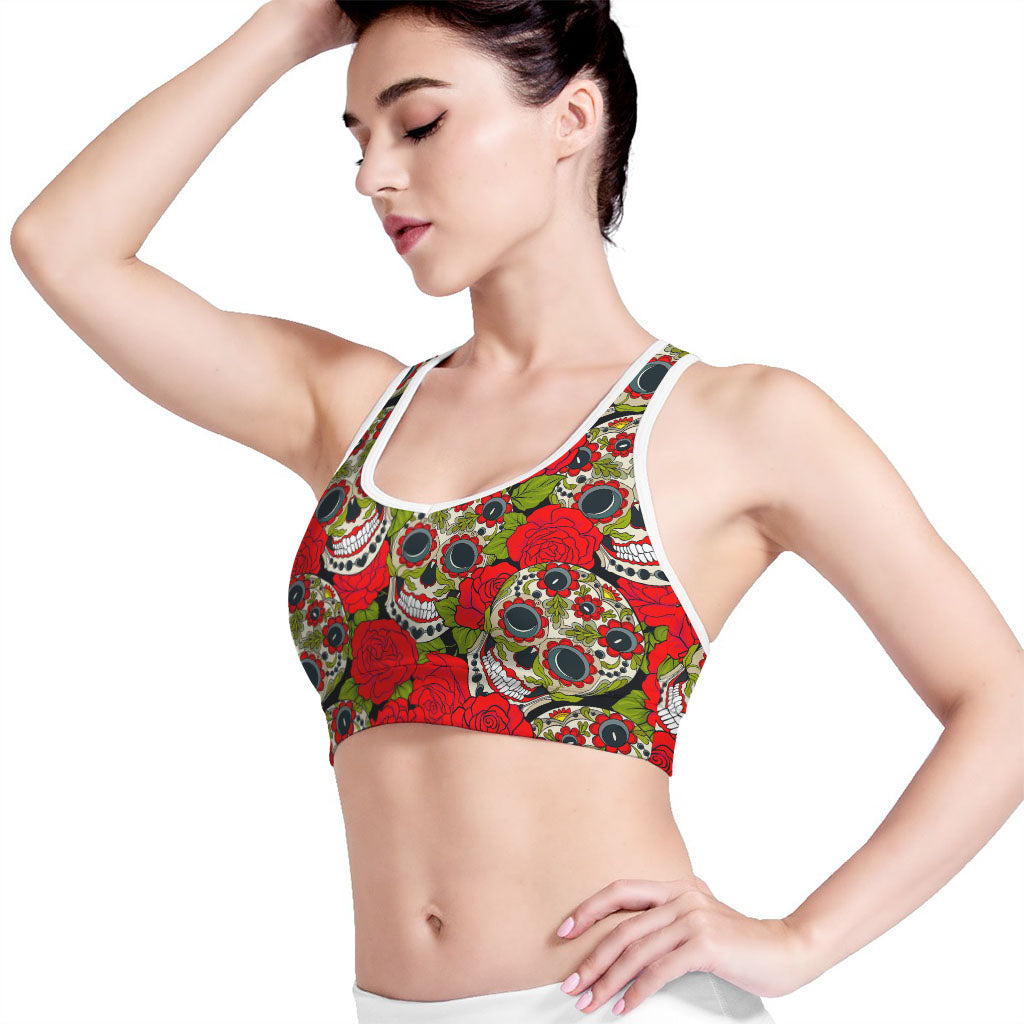 Rose Floral Sugar Skull Pattern Print Women's Sports Bra