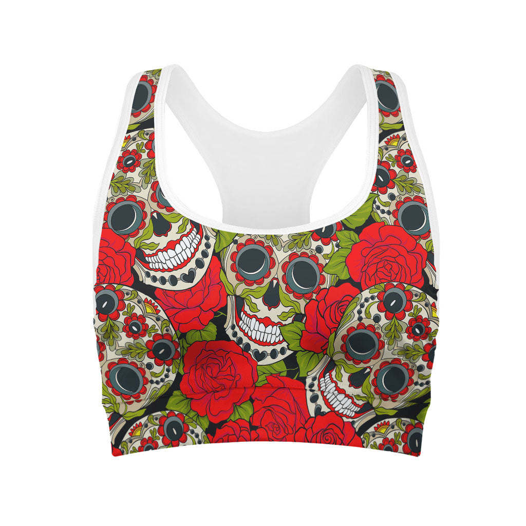 Rose Floral Sugar Skull Pattern Print Women's Sports Bra