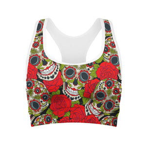 Rose Floral Sugar Skull Pattern Print Women's Sports Bra