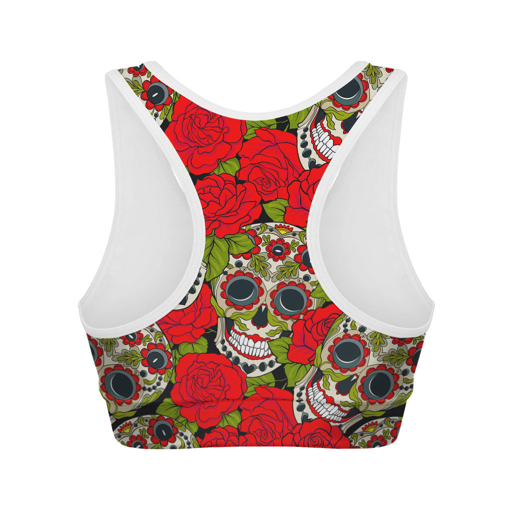 Rose Floral Sugar Skull Pattern Print Women's Sports Bra