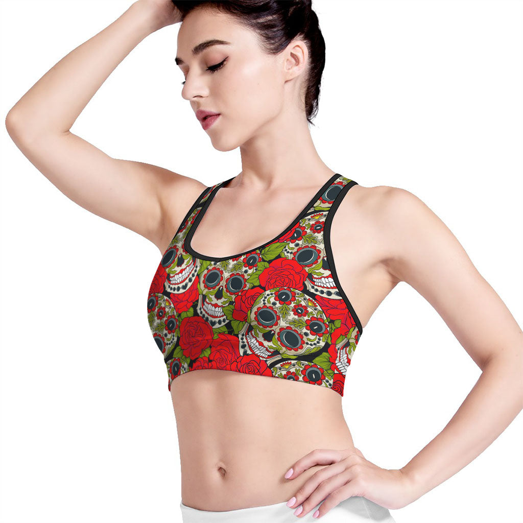 Rose Floral Sugar Skull Pattern Print Women's Sports Bra