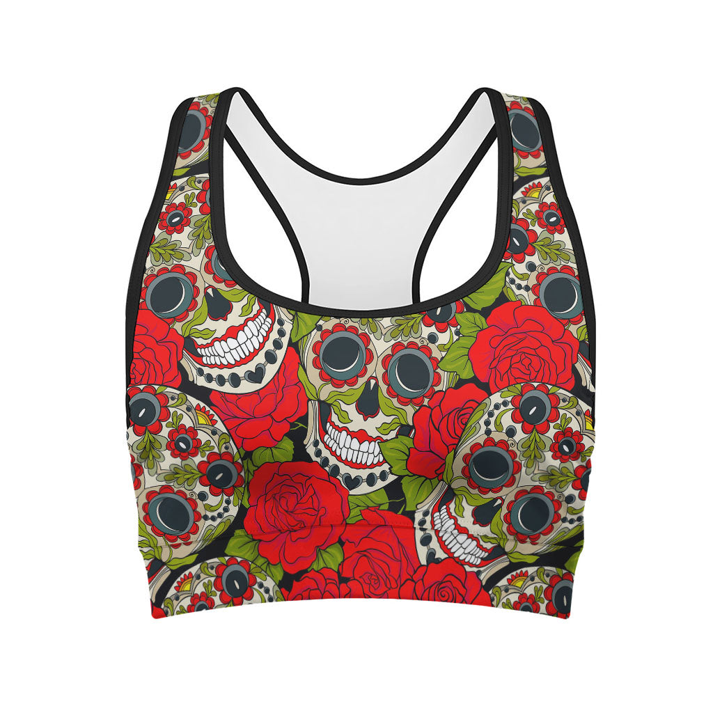 Rose Floral Sugar Skull Pattern Print Women's Sports Bra