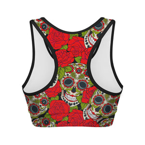 Rose Floral Sugar Skull Pattern Print Women's Sports Bra