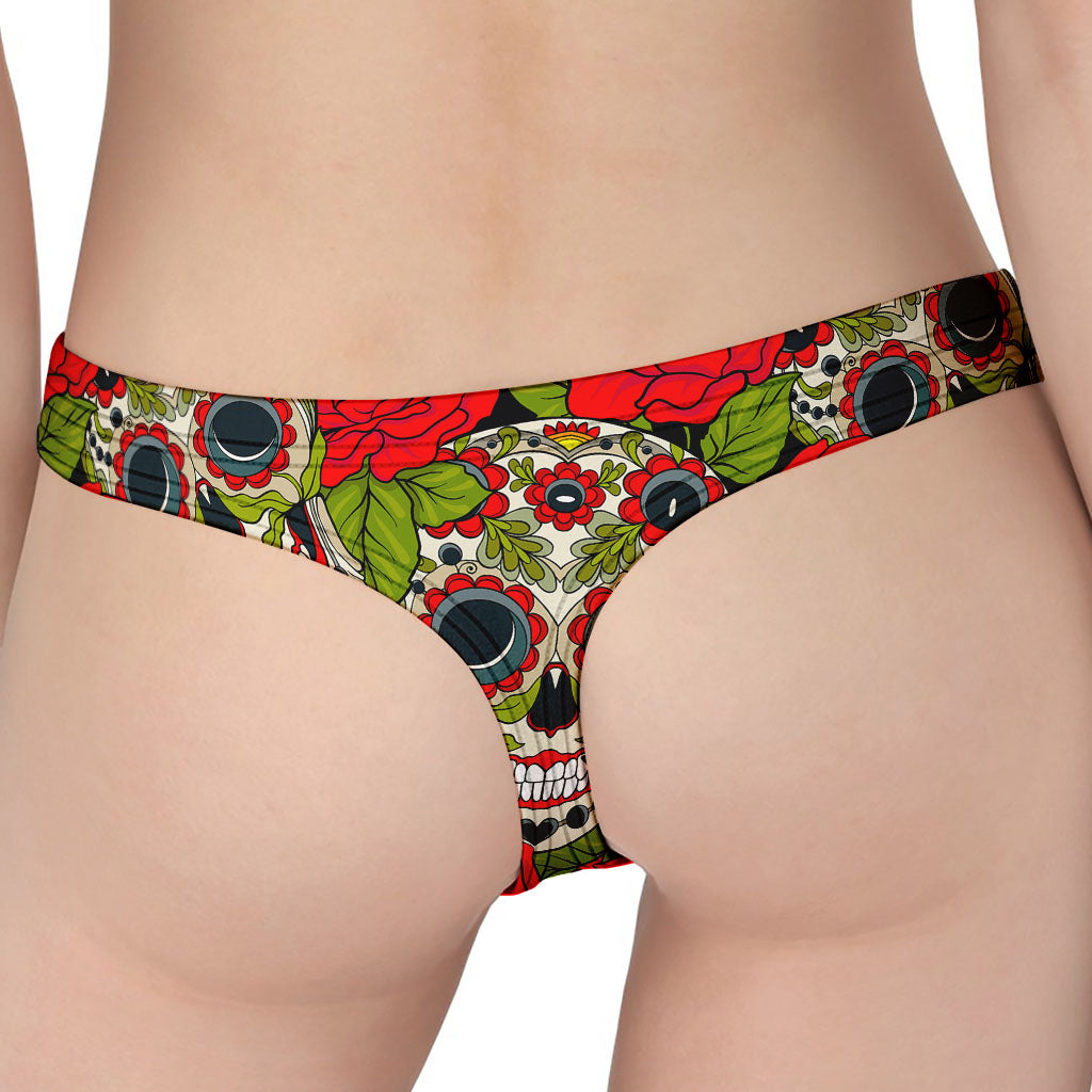 Rose Floral Sugar Skull Pattern Print Women's Thong