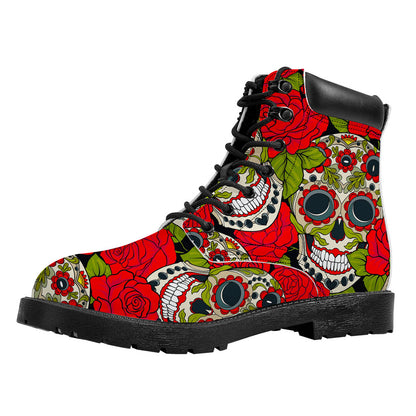 Rose Floral Sugar Skull Pattern Print Work Boots