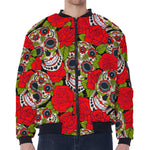 Rose Floral Sugar Skull Pattern Print Zip Sleeve Bomber Jacket
