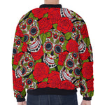 Rose Floral Sugar Skull Pattern Print Zip Sleeve Bomber Jacket